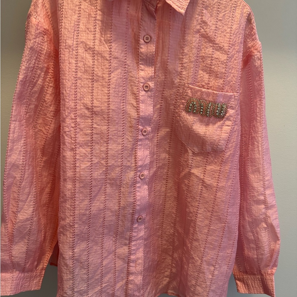 Retro Miu Miu Stripped Sheer Pink Textured Blouse size Medium